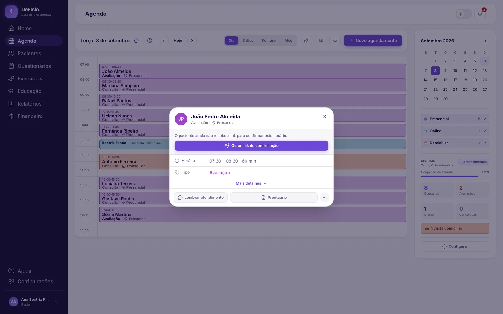 Detalhes da avaliação com o botão Gerar link de confirmação