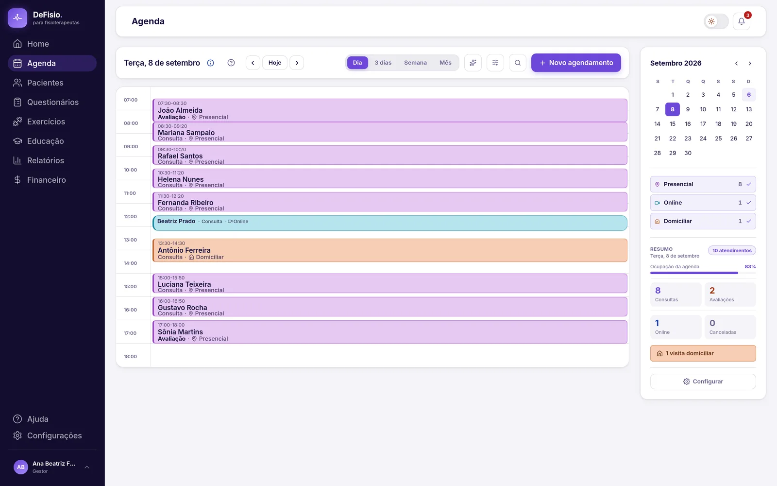 Agenda do DeFisio no modo Dia