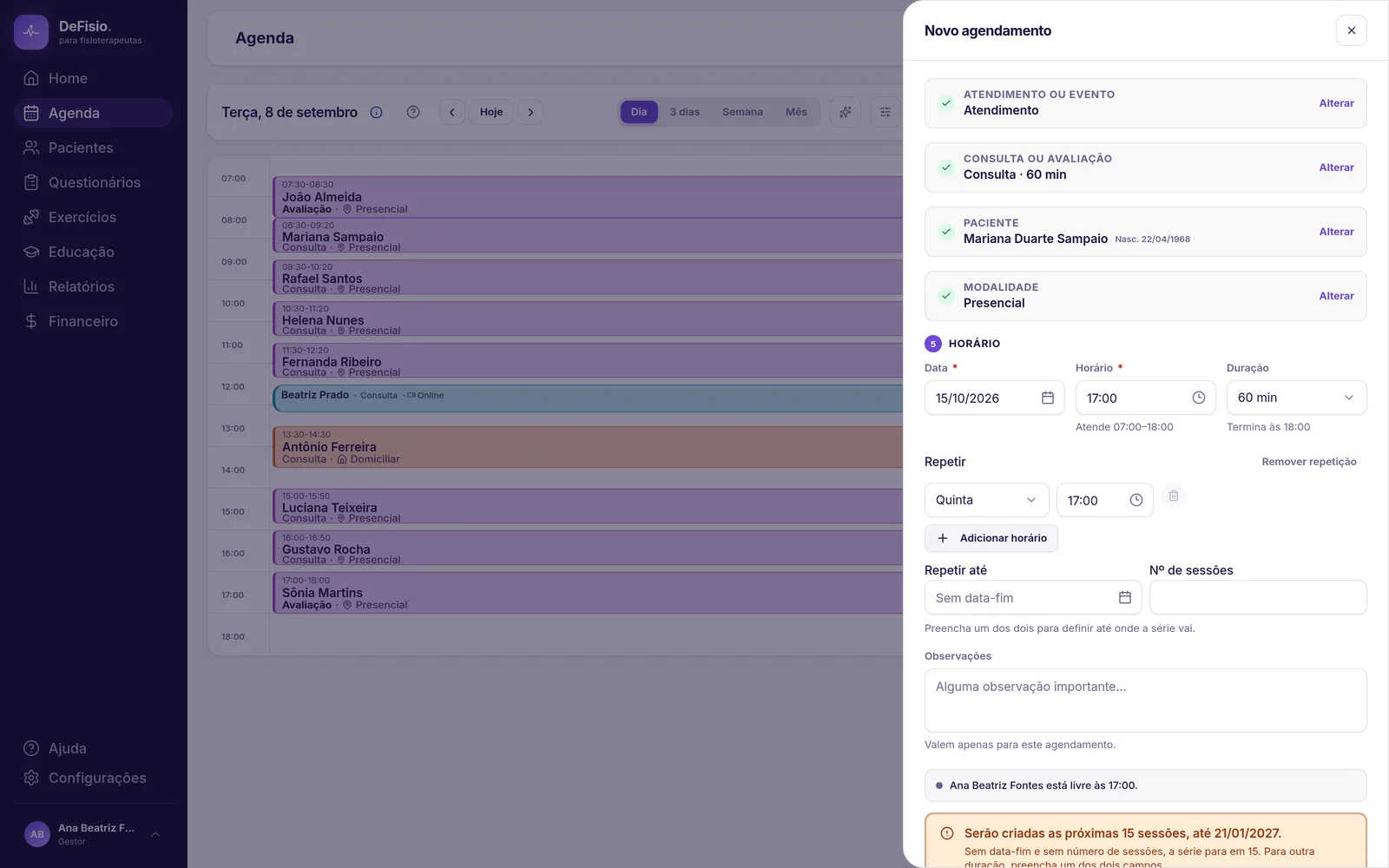 Configuração de recorrência no agendamento