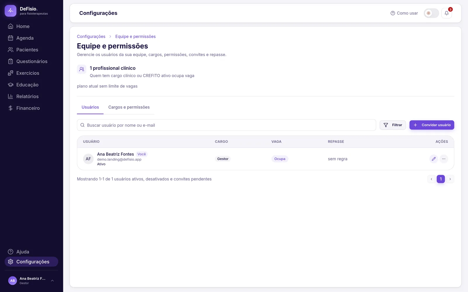 Tela de equipe e permissões com a lista de membros