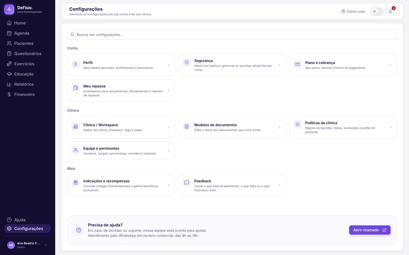 Hub de configurações com os grupos Conta, Clínica e Mais