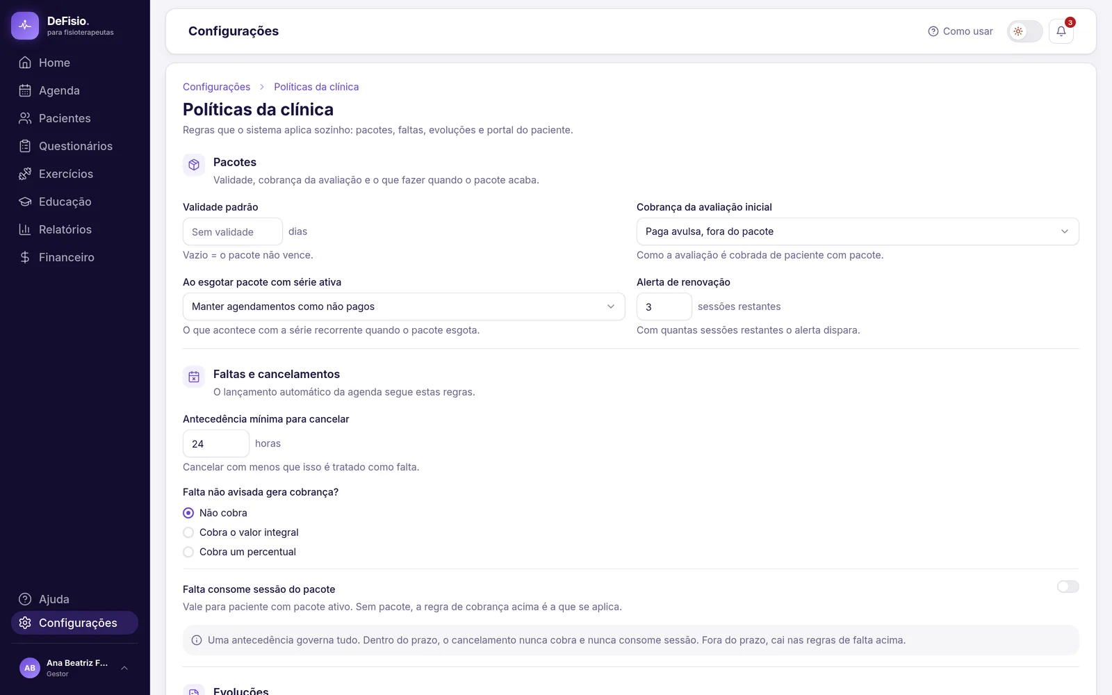 Tela de políticas da clínica com os quatro blocos