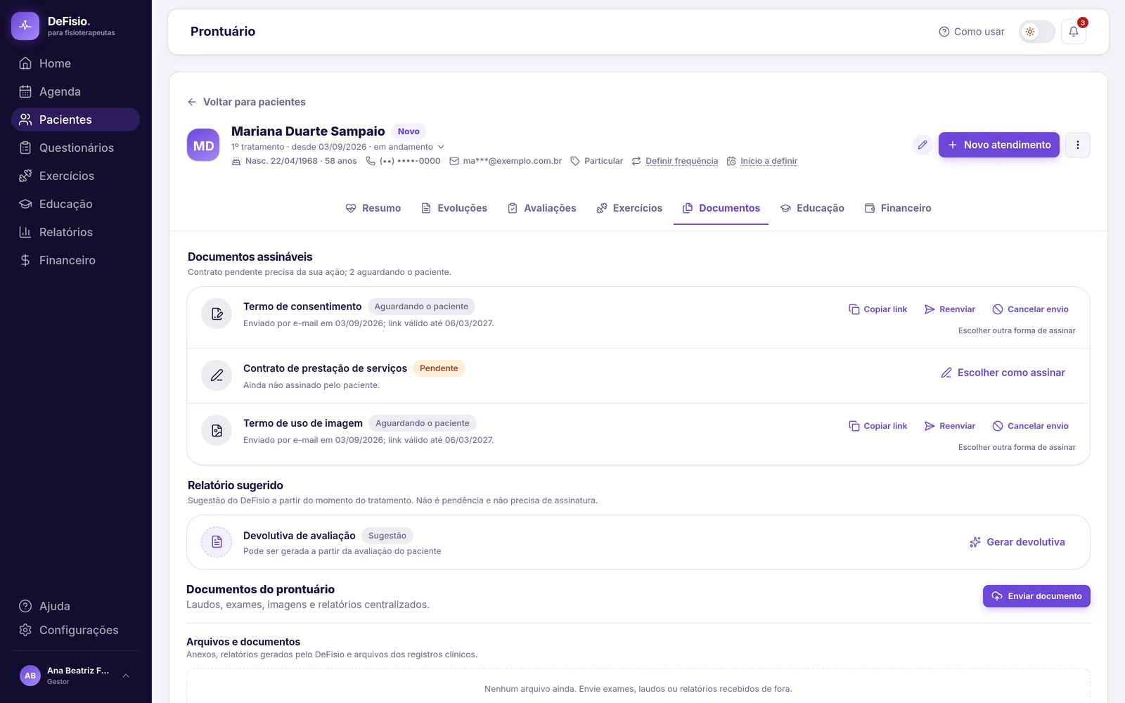 Aba Documentos do prontuário com pendências e arquivos do paciente