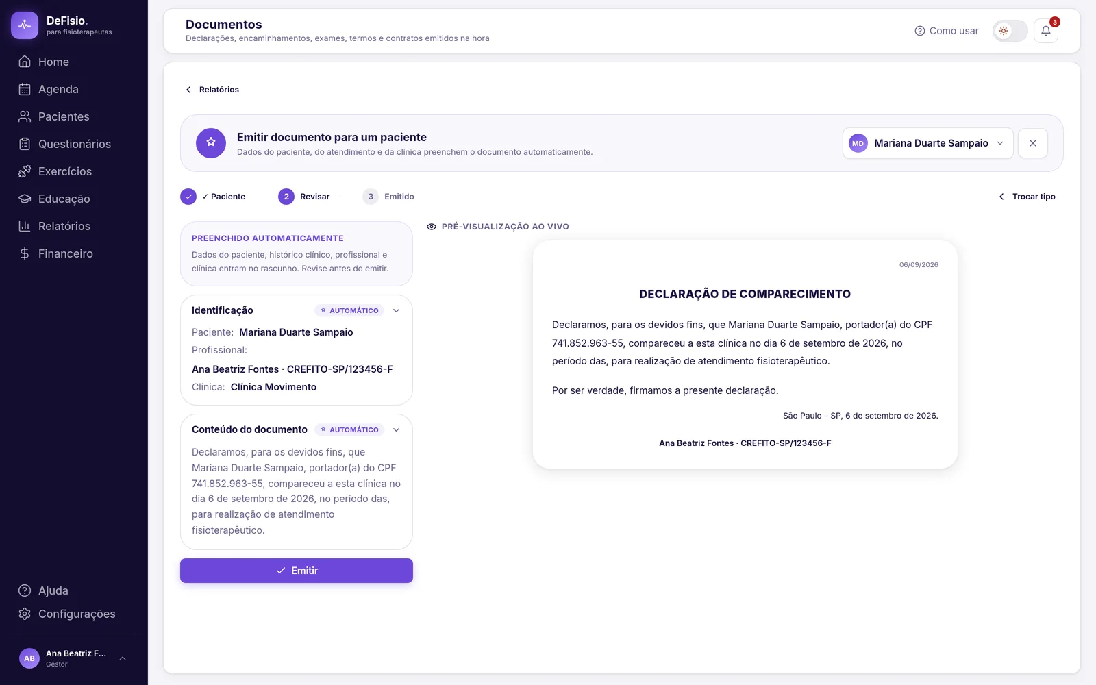 Editor do documento com o texto montado e as ações de emissão