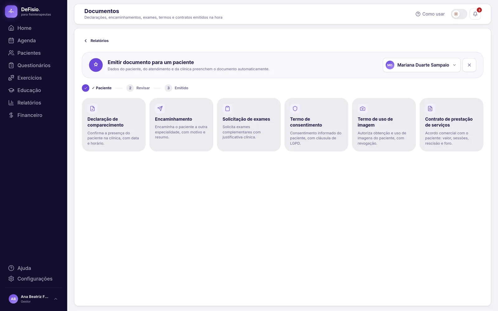 Tela de emissão de documentos com o paciente escolhido e os modelos disponíveis