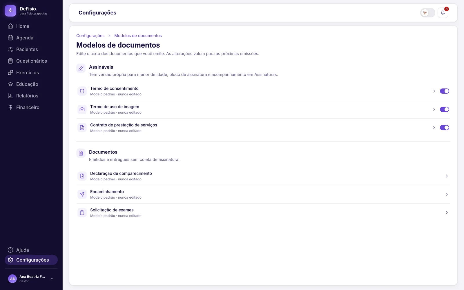 Lista de modelos de documentos em Configurações