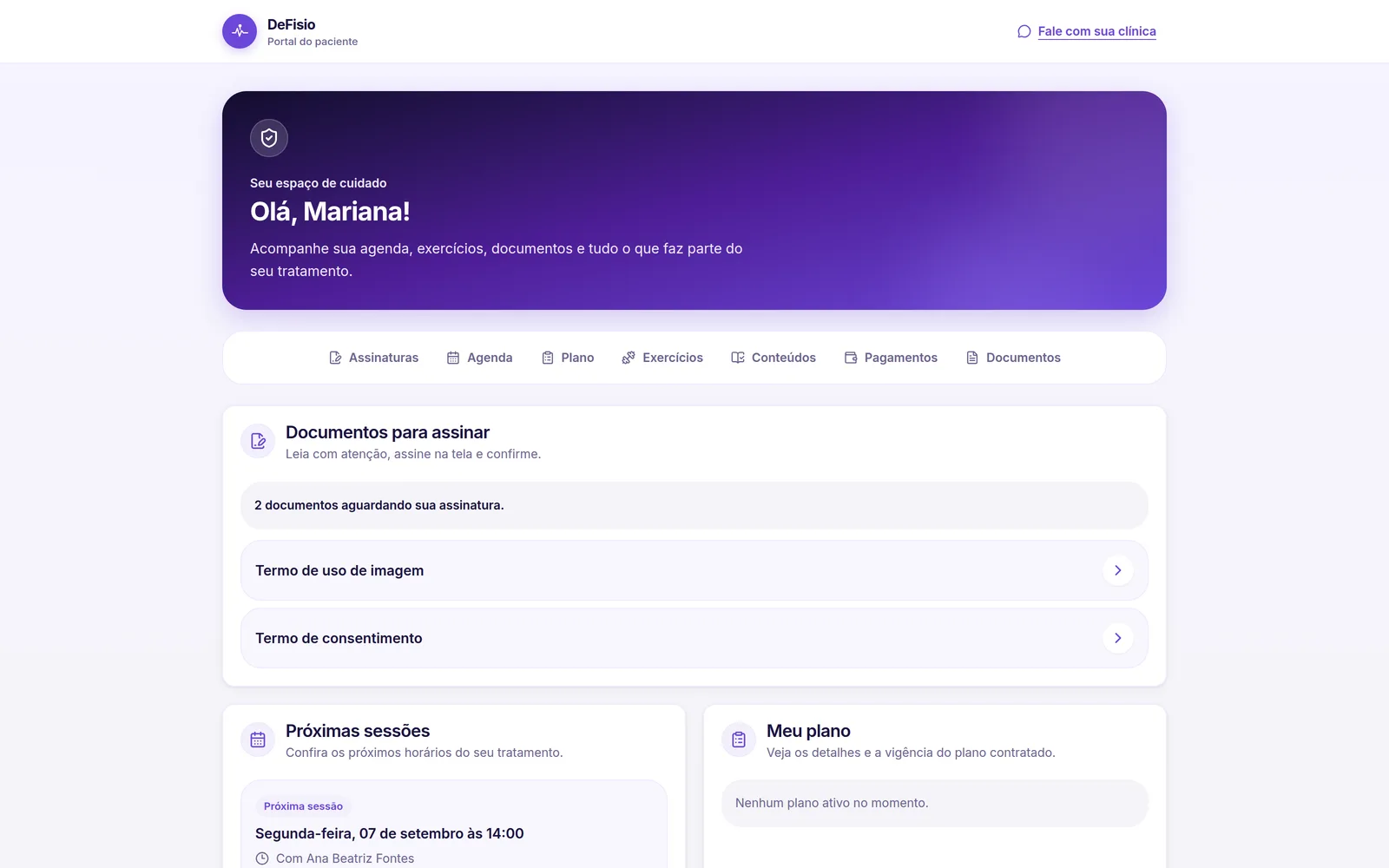 Portal do paciente com as seções disponíveis