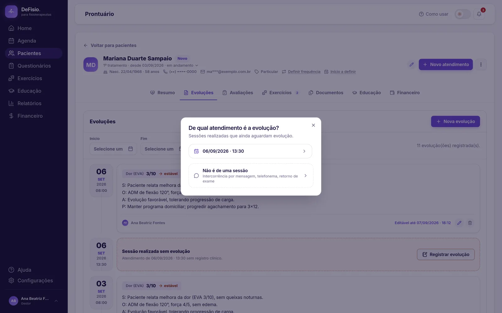 Diálogo perguntando de qual atendimento é a evolução