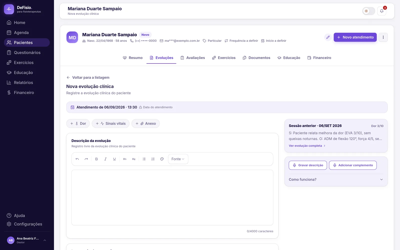 Formulário de nova evolução clínica com o editor de texto