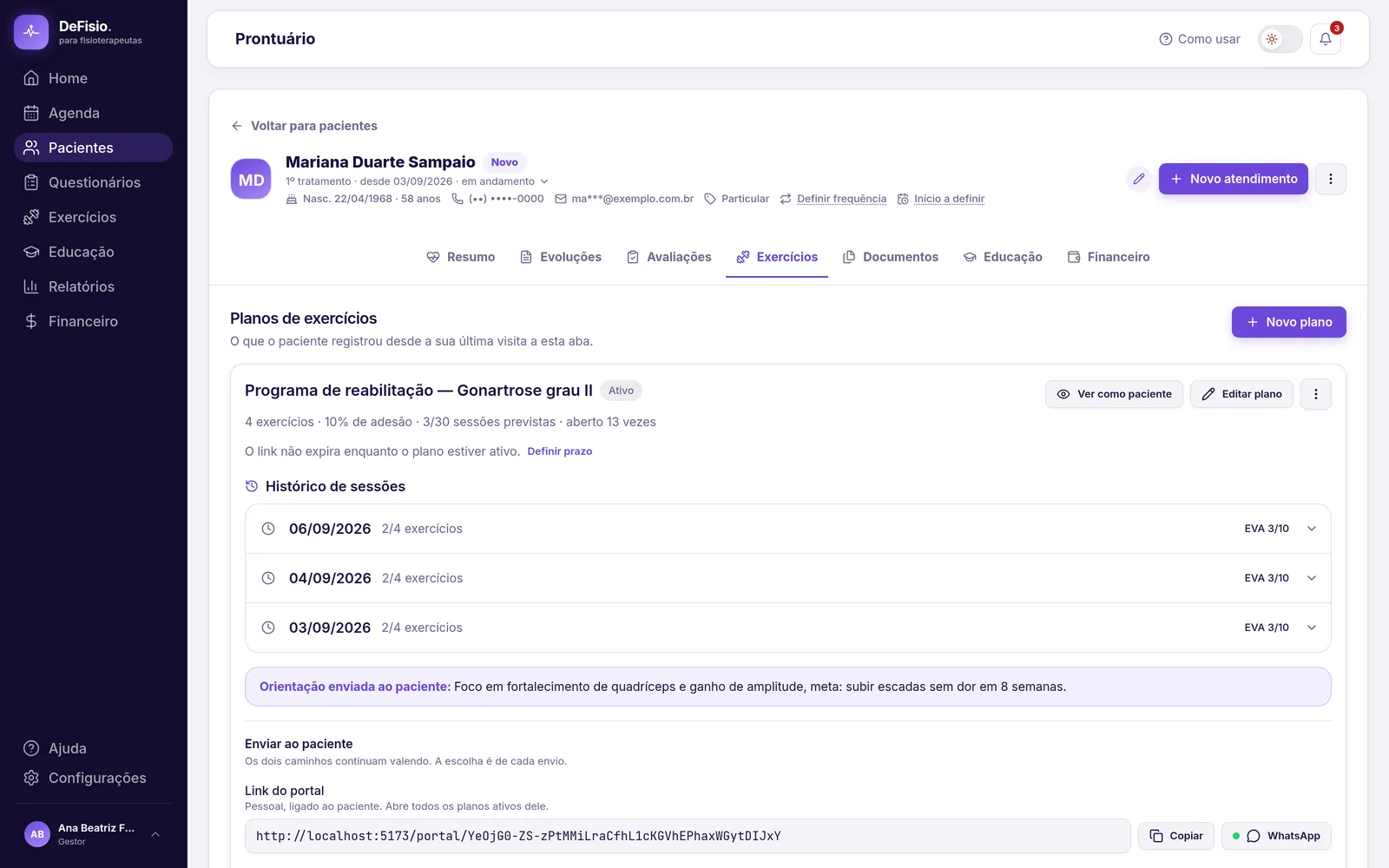 Aba Exercícios do prontuário com o plano vigente e o histórico de sessões