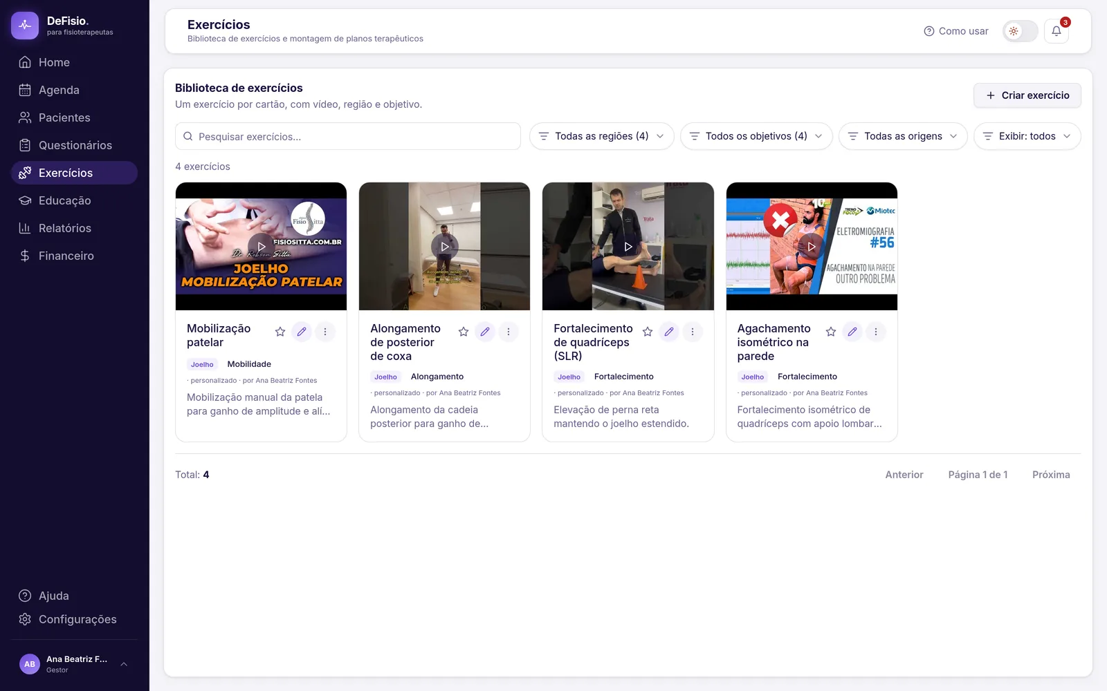 Biblioteca de exercícios com busca, filtros e cartões de exercício