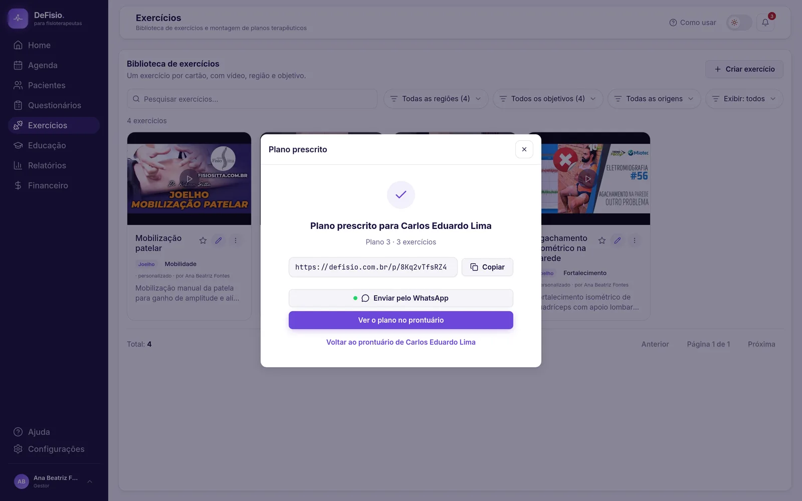 Confirmação do plano criado com o link do paciente e o botão de WhatsApp