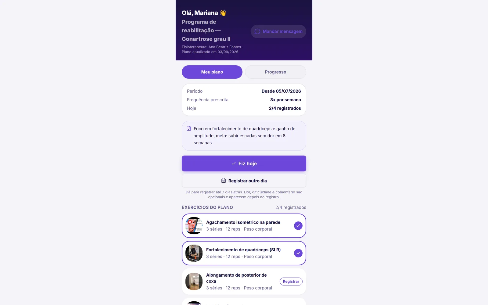 Plano de exercícios como o paciente vê, com os exercícios e o botão Fiz hoje