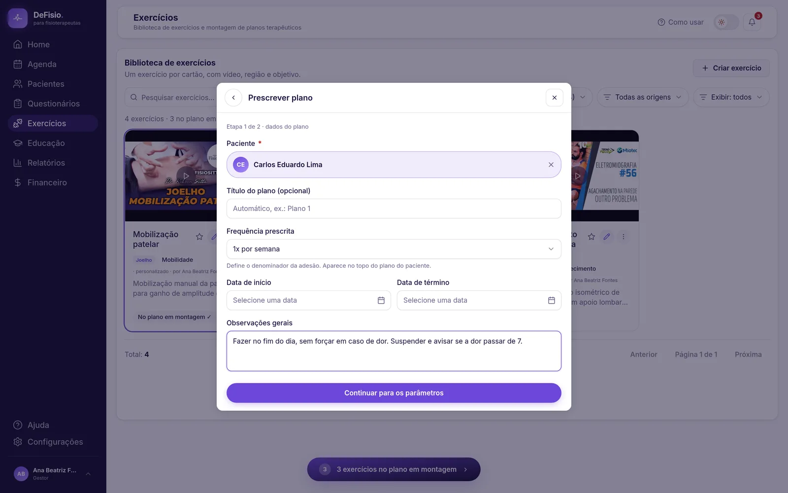 Modal Prescrever plano com paciente selecionado e parâmetros dos exercícios