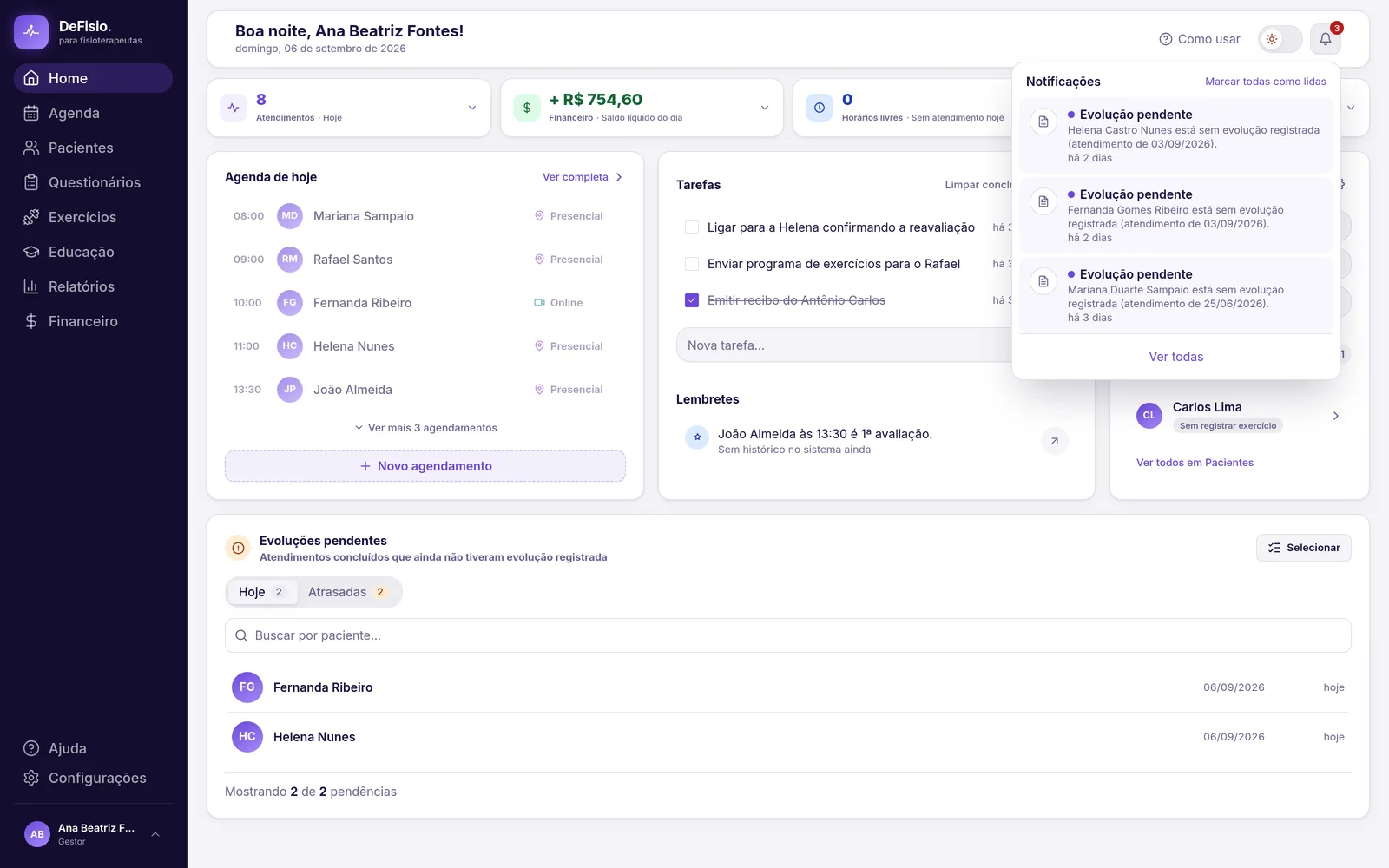 Painel de notificações aberto pelo sino