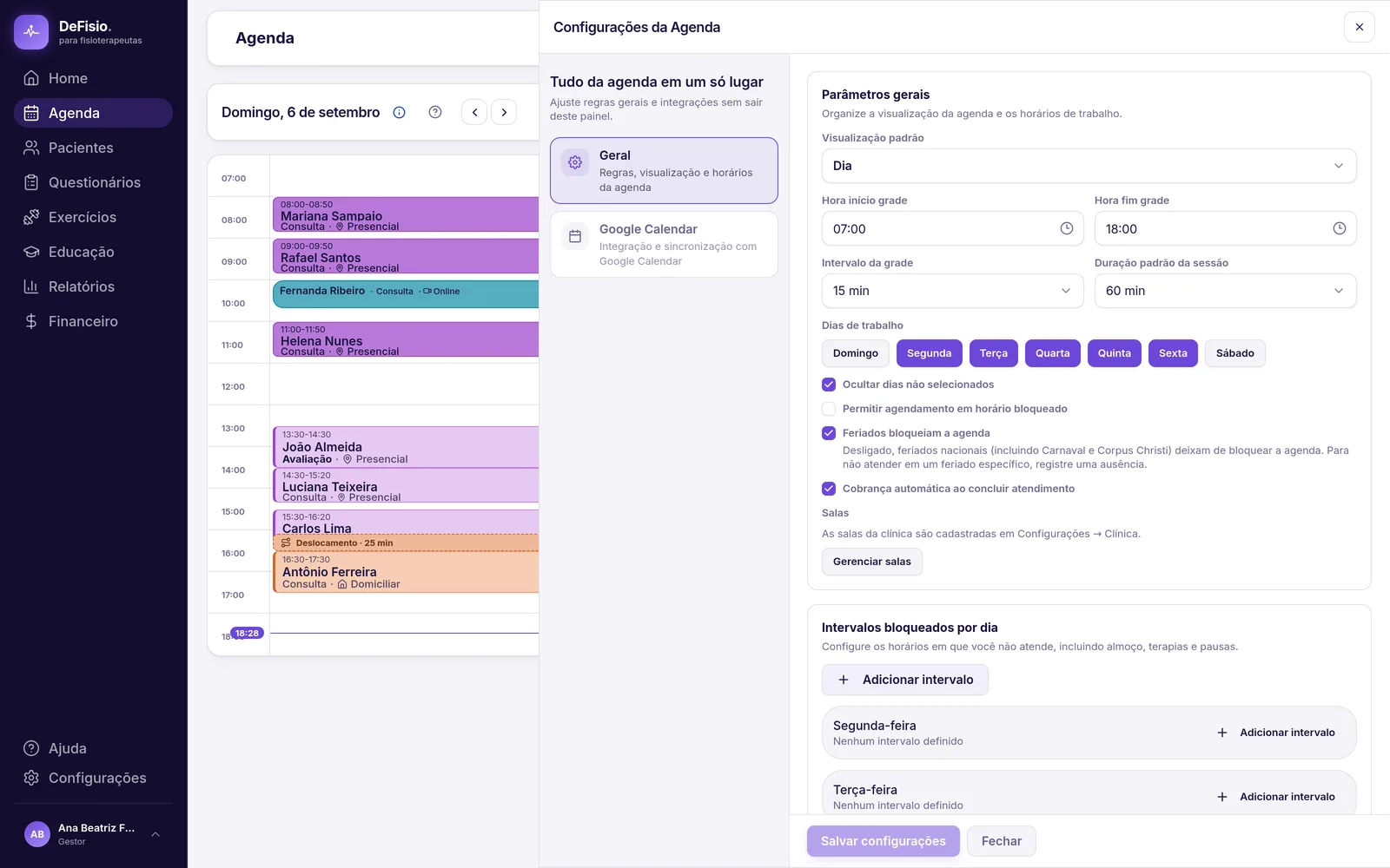 Painel de configurações da agenda, aba Geral