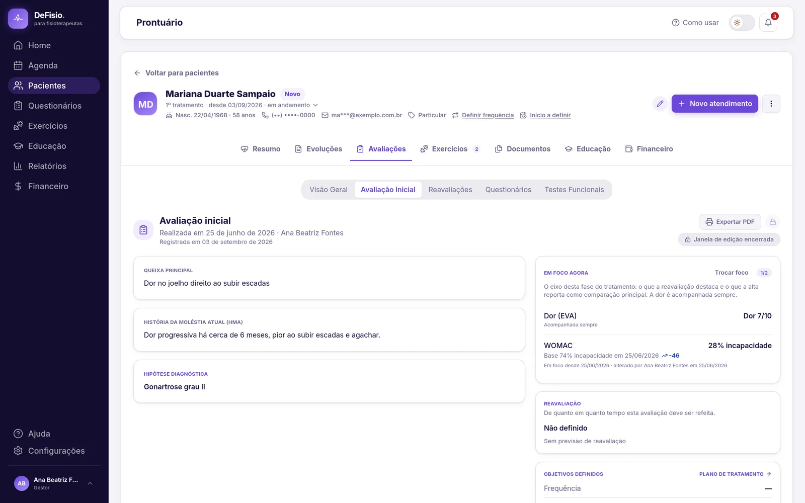 Avaliação inicial salva com os desfechos em foco, o bloco de reavaliação e os objetivos definidos
