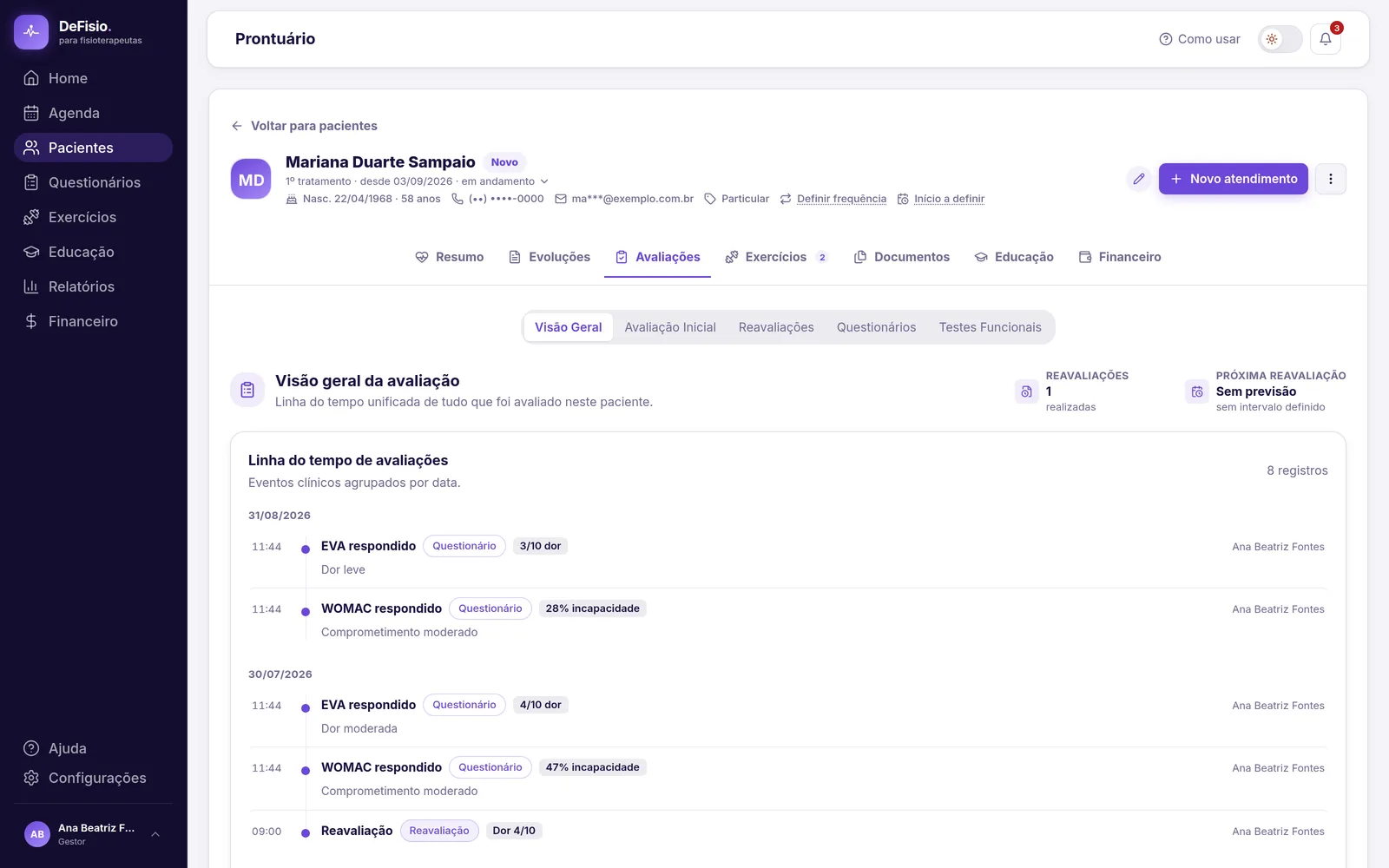 Linha do tempo de avaliações agrupada por data