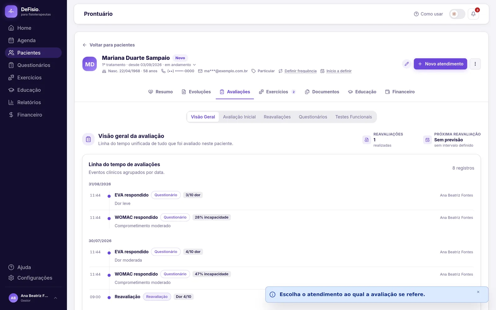 Formulário de avaliação inicial com os campos e o painel Acompanhamento ao lado