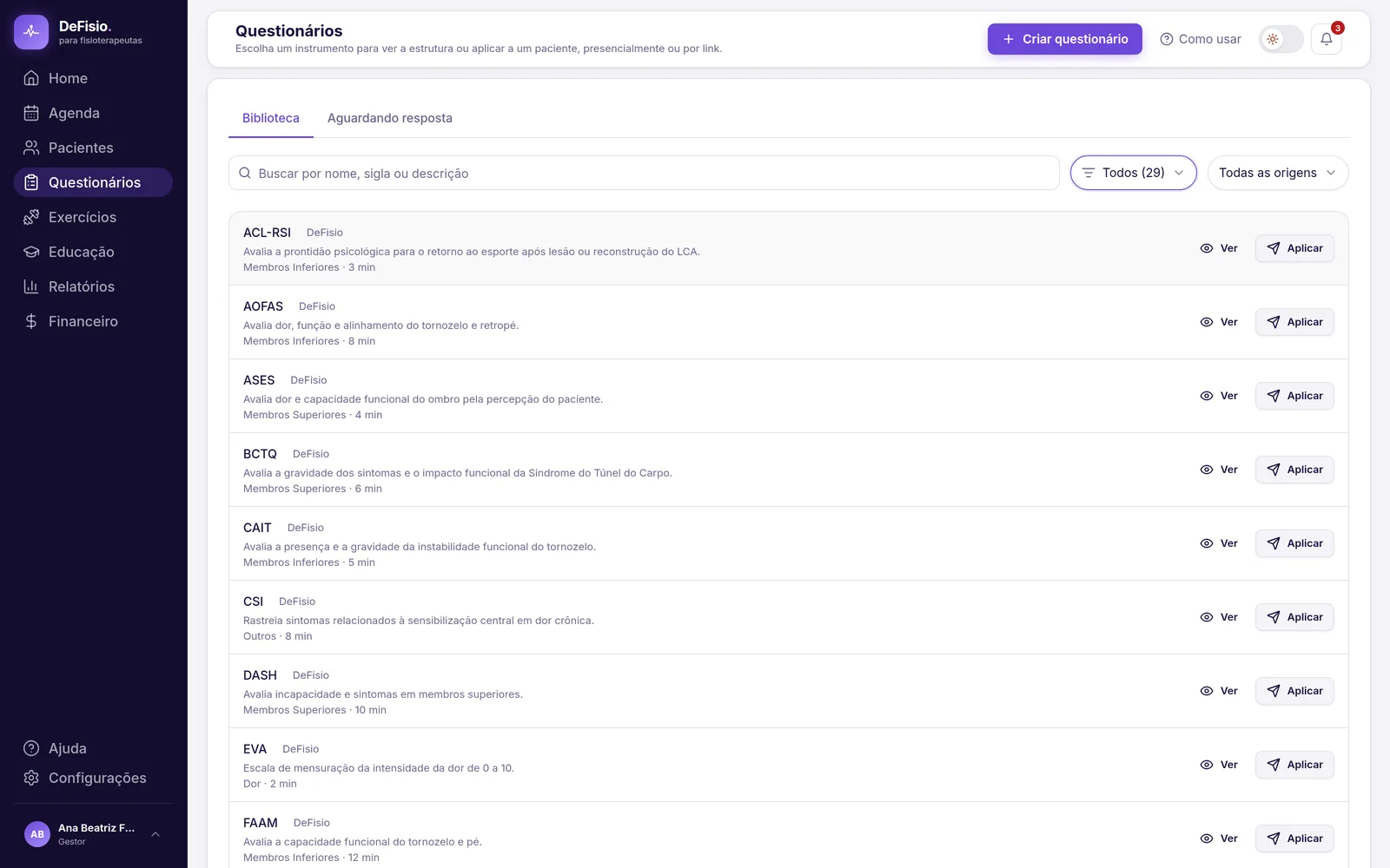 Biblioteca de questionários com busca, categorias e lista de instrumentos
