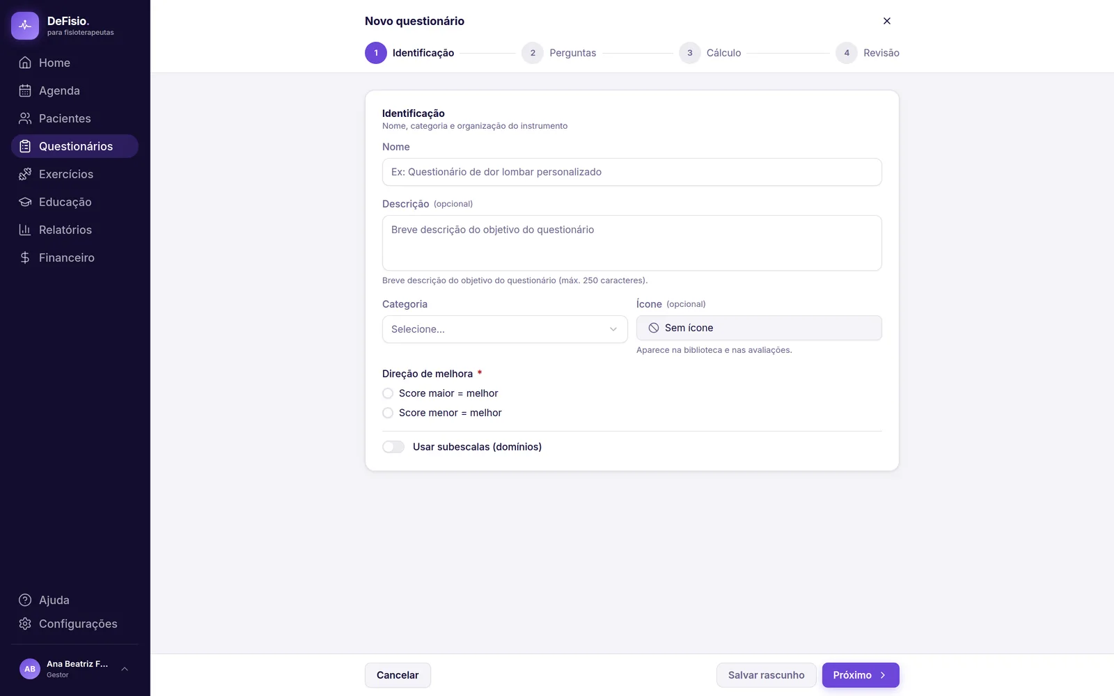 Construtor de questionário personalizado no passo Identificação