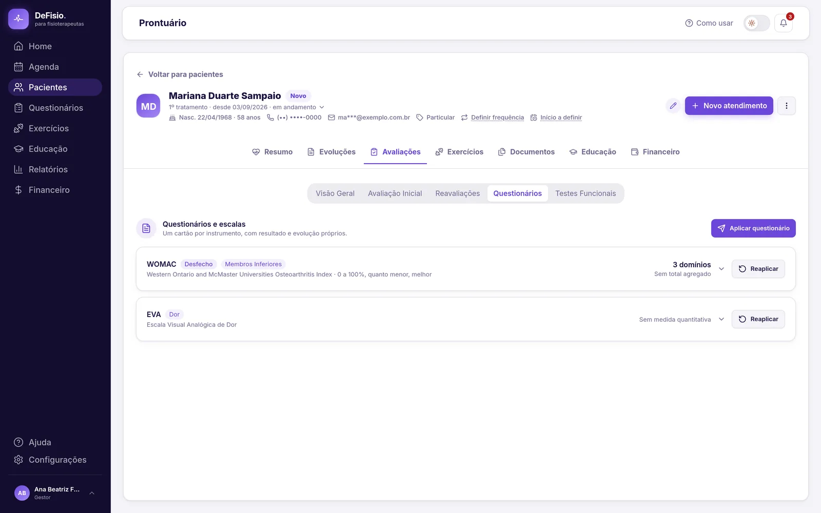 Sub-aba Questionários do prontuário com os cartões dos instrumentos