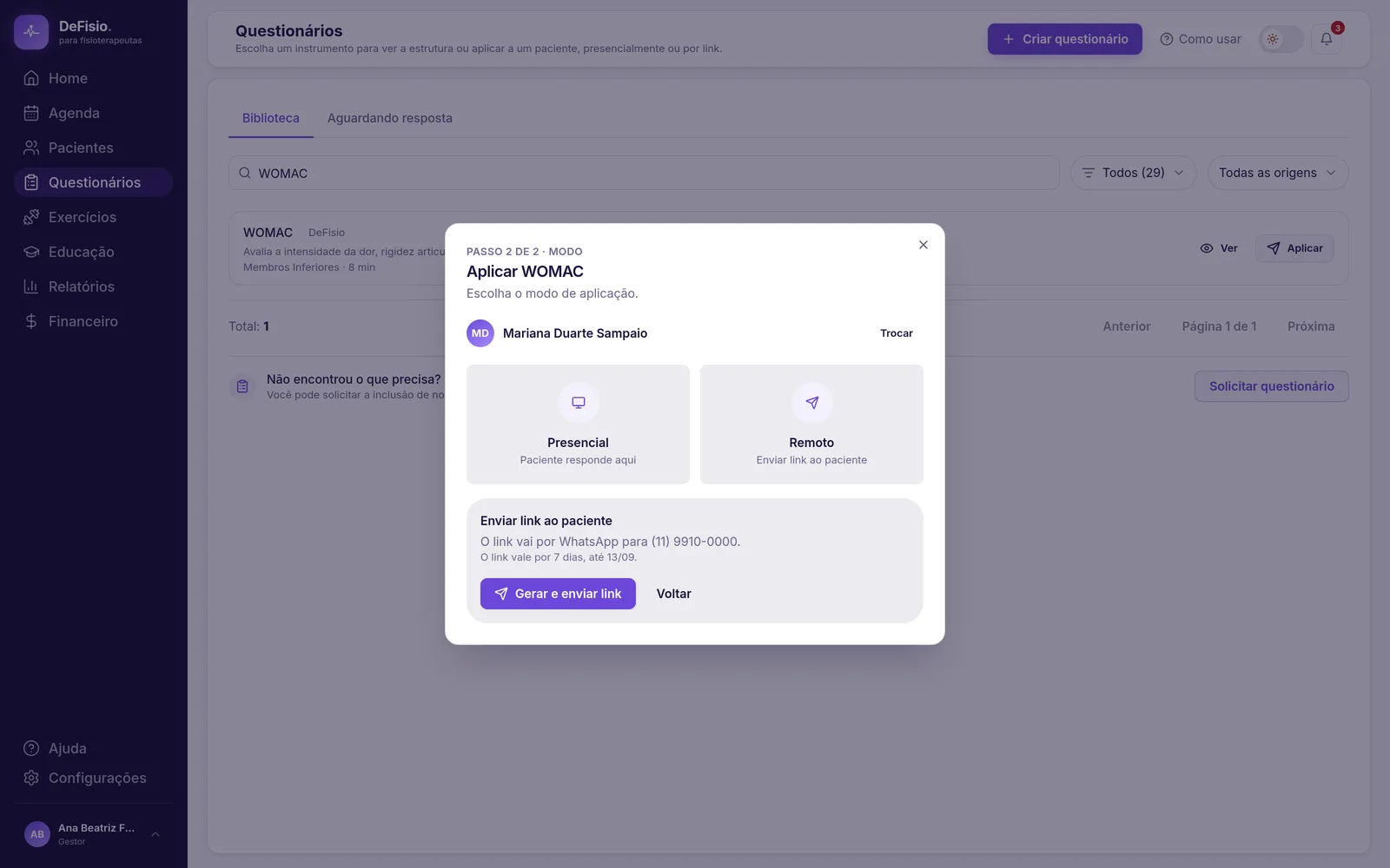 Painel de envio remoto com o telefone do paciente e a validade fixa do link