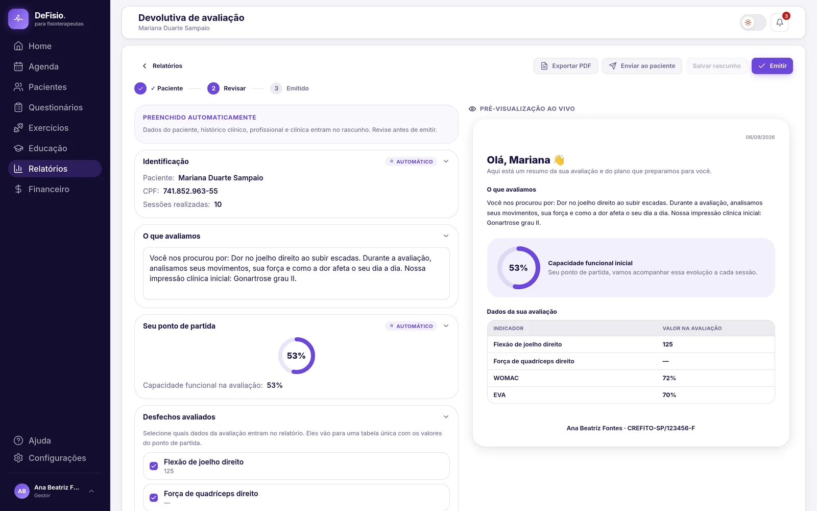 Editor do relatório com as seções à esquerda e a prévia à direita