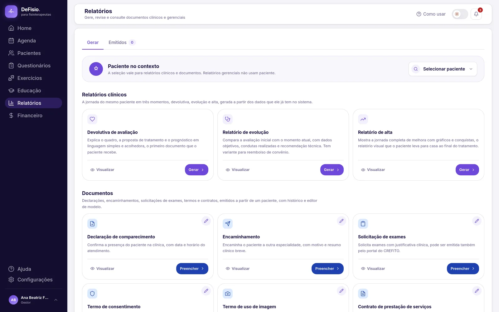 Hub de relatórios com as famílias clínicos, documentos e gerenciais