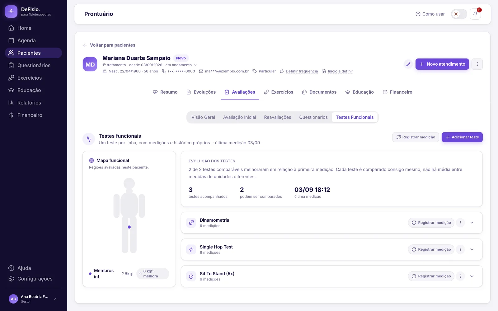 Aba de testes funcionais do prontuário com os testes acompanhados
