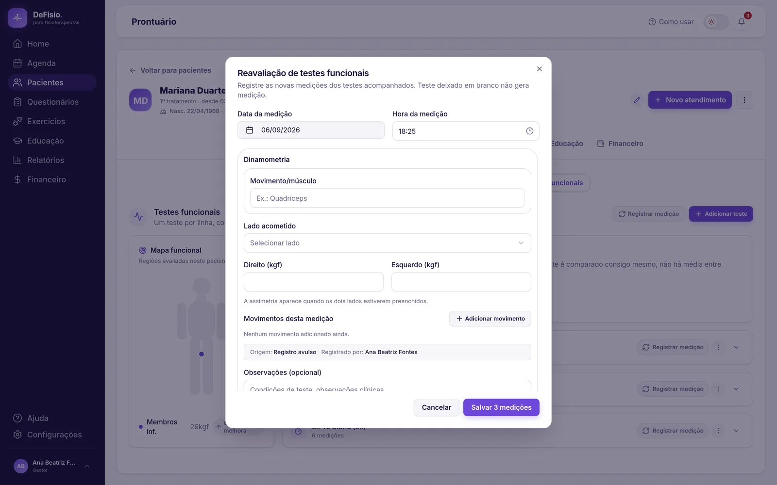 Modal de registro de medição com os campos de cada lado