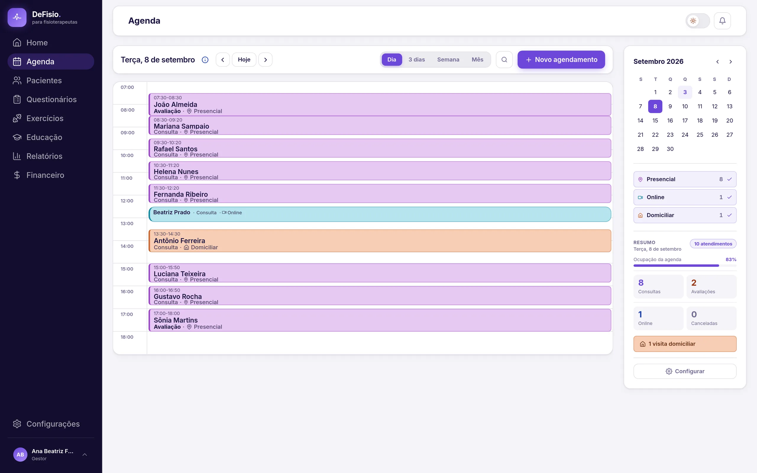 Agenda do DeFisio no modo Dia, com atendimentos presenciais, online e domiciliar