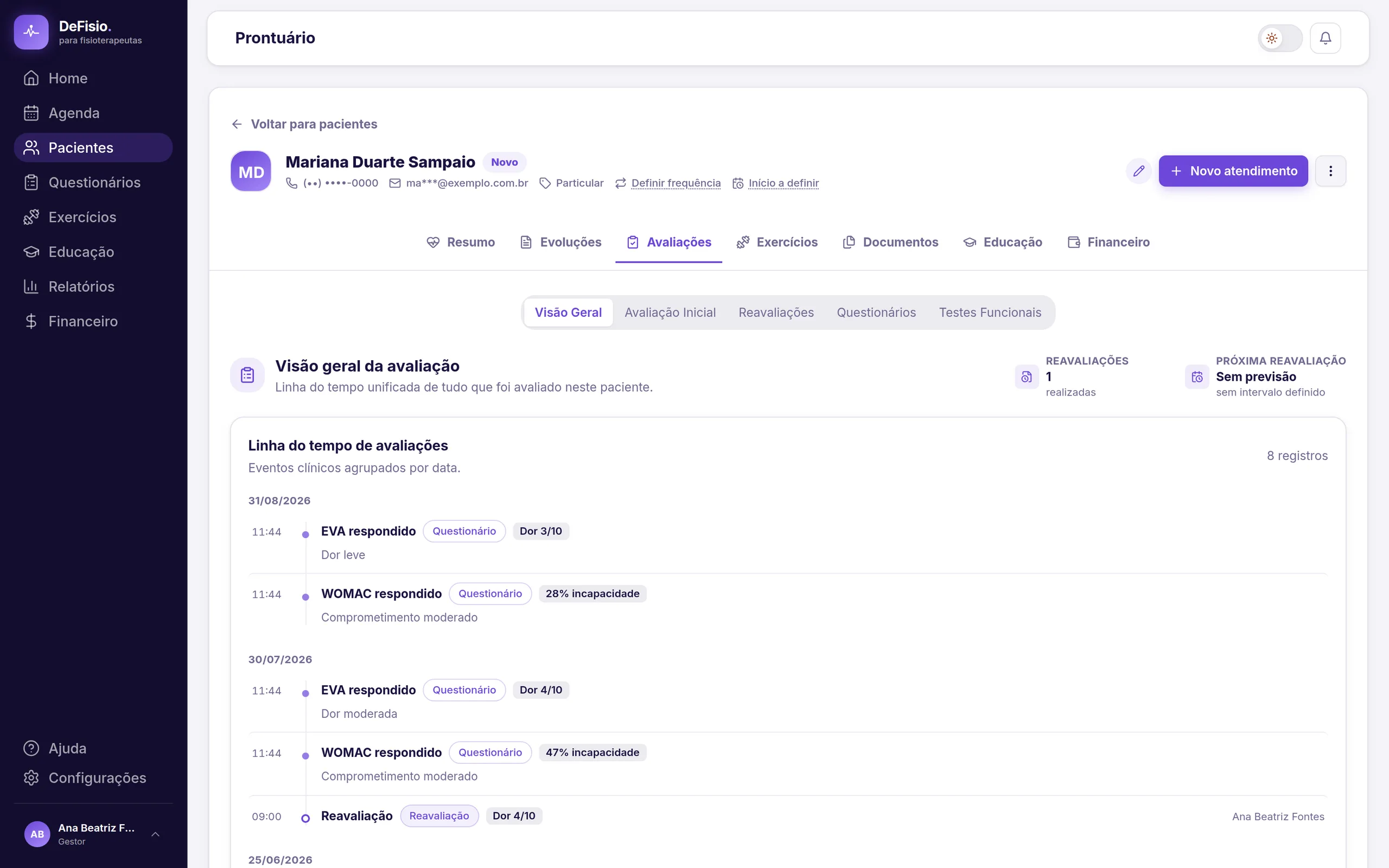 Tela de avaliação do DeFisio com instrumentos validados