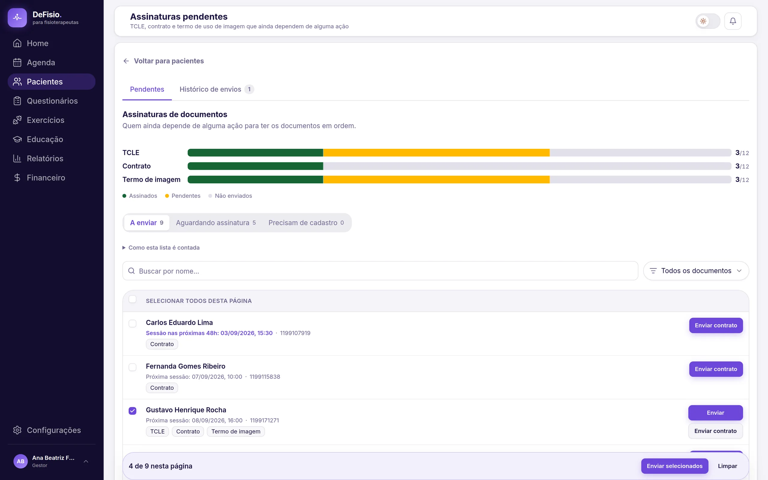 Painel de assinaturas pendentes do DeFisio com o progresso de TCLE, contrato e termo de imagem
