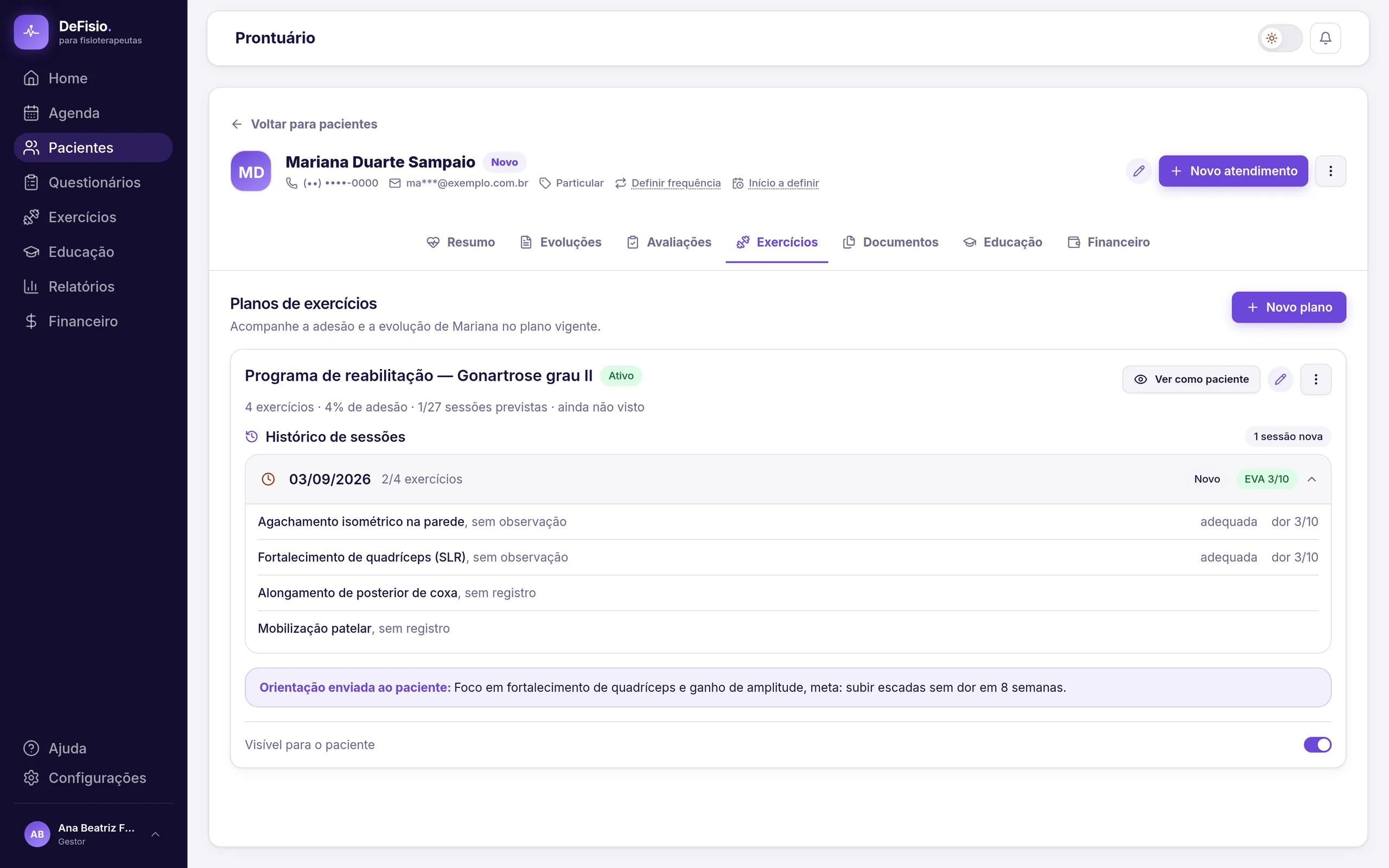Tela de prescrição de exercícios do DeFisio