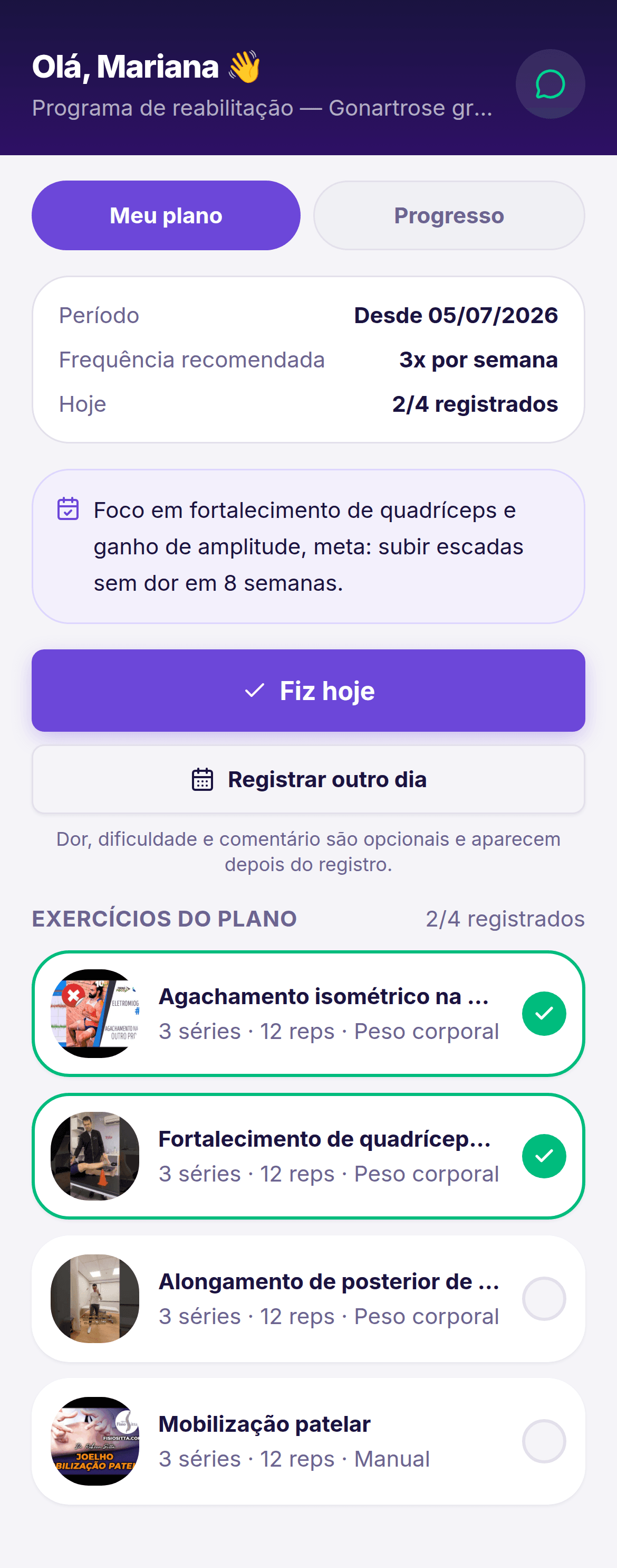Área do paciente com plano de exercícios, vídeos e registro de execução
