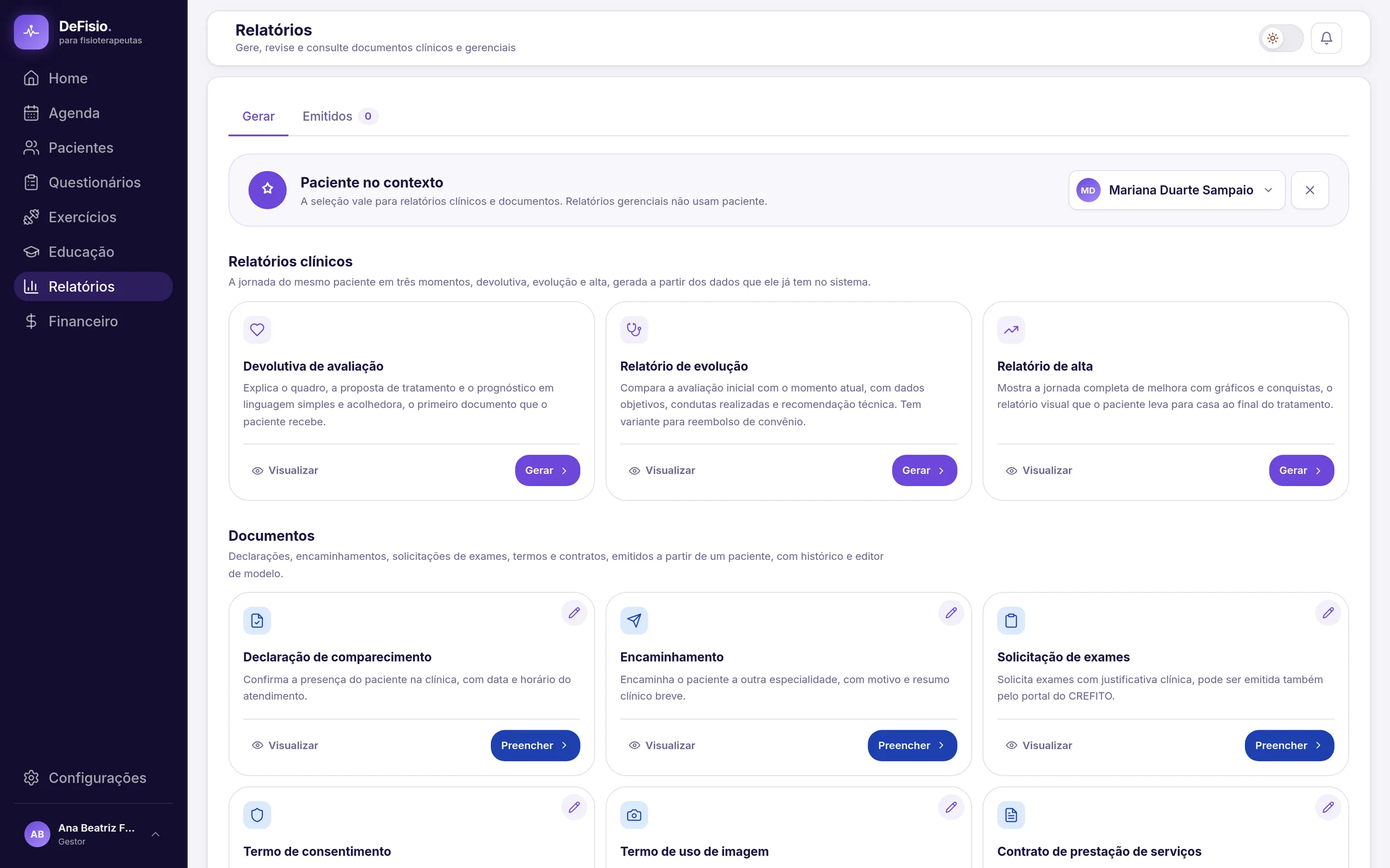 Hub de relatórios do DeFisio com relatórios clínicos e documentos para o paciente selecionado